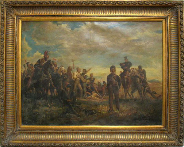 Continental School, oil on canvas, battle scene, p: Continental School, oil on canvas, battle scene, painting has been relined, signed lower right (illegible) and dated 1887, framed, image size 30" x 40", frame size 42" x 50", no visible defects