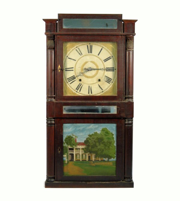 Connecticut shelf clock, mid 19th C, Jeromes & Dar: Connecticut shelf clock, mid 19th C, Jeromes & Darrow, painted wood face with gilt decoration, walnut case with columns and carved pineapples, painted glass panel on lower door. Measures 33 1/2" x 16 