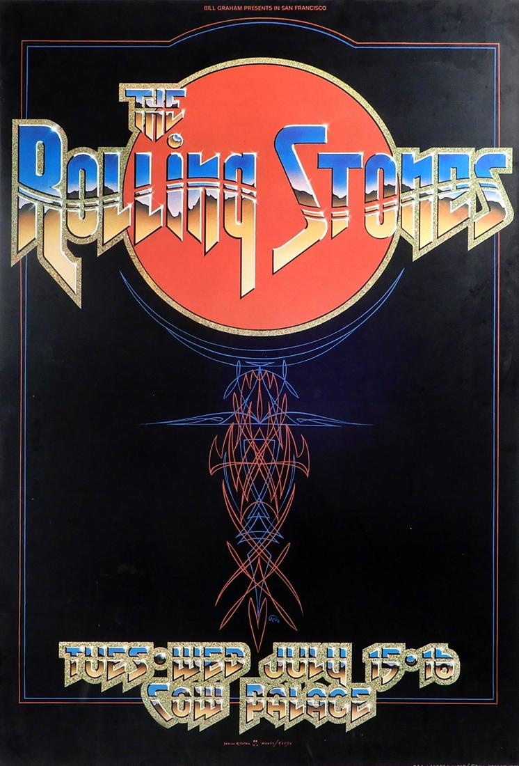 The Rolling Stones concert poster: The Rolling Stones Art of Rock AOR-4.41 concert poster, Cow Palace, San Francisco, CA., June 15-16, 1975, original printing for first Rolling Stones tour with Ron Wood, Alton Kelley, Stanley Mouse, Ra
