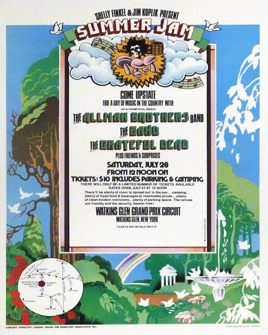 Summer Jam Music Festival concert poster: Summer Jam Music Festival Art of Rock AOR-4.231 concert poster, The Allman Brothers Band, The Band, The Grateful Dead plus Friends and Surprises, Grand Prix Circuit, Watkins Glen, New York, NY., July