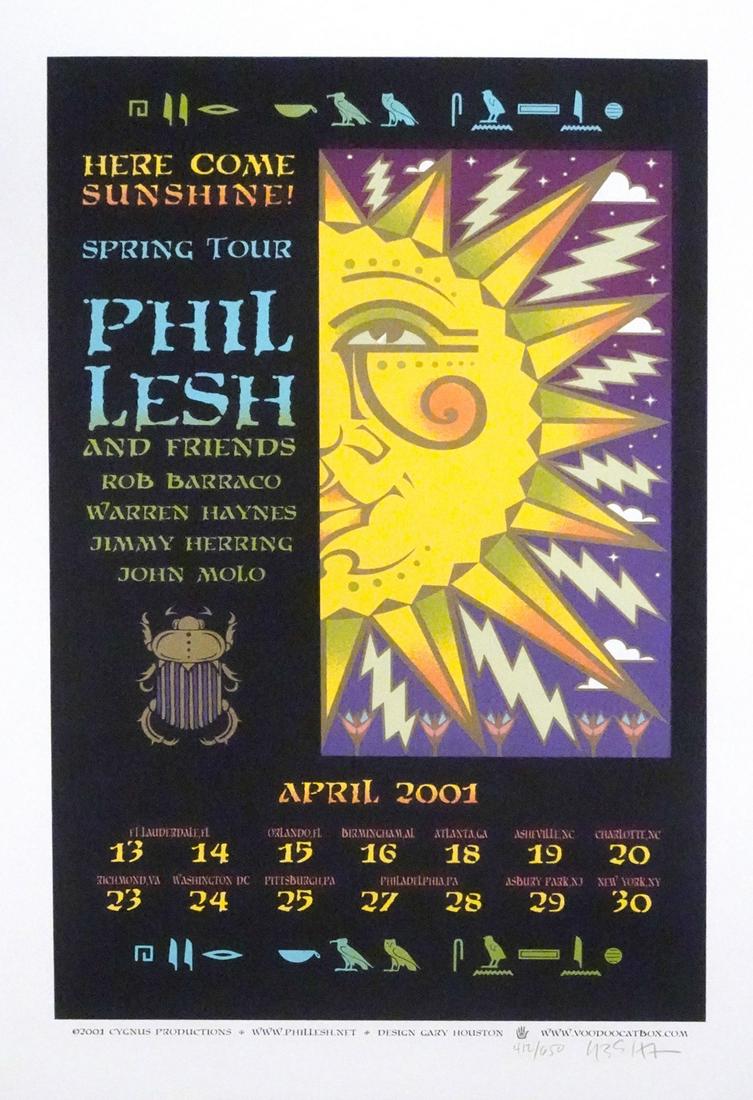 Phil Lesh and Friends concert poster: Phil Lesh and Friends Here Comes Sunshine Spring Tour concert poster, multiple venues, April 13-30, 2001, original printing, artist signed and numbered 412/650 by Gary Houston, 25" (height) x 16" (len
