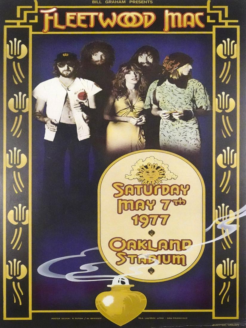 Fleetwood Mac concert poster: Fleetwood Mac Day on the Green series concert poster, Oakland Stadium, Oakland, CA., May 7, 1977, original printing, Randy Tuten and William Bostedt artists, 28" (height) x 16 1/2" (length) lithograph