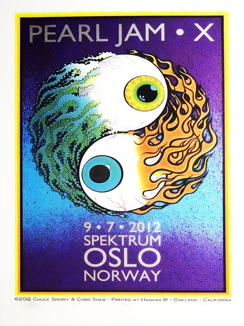 Pearl Jam concert poster: Pearl Jam concert poster, Pearl Jam and X, Oslo Spektrum Arena, Oslo, Norway, September 7, 2012, original printing, artist signed and numbered 86/200 by Chuck Sperry and Chris Shaw, 33" (height) x 22"