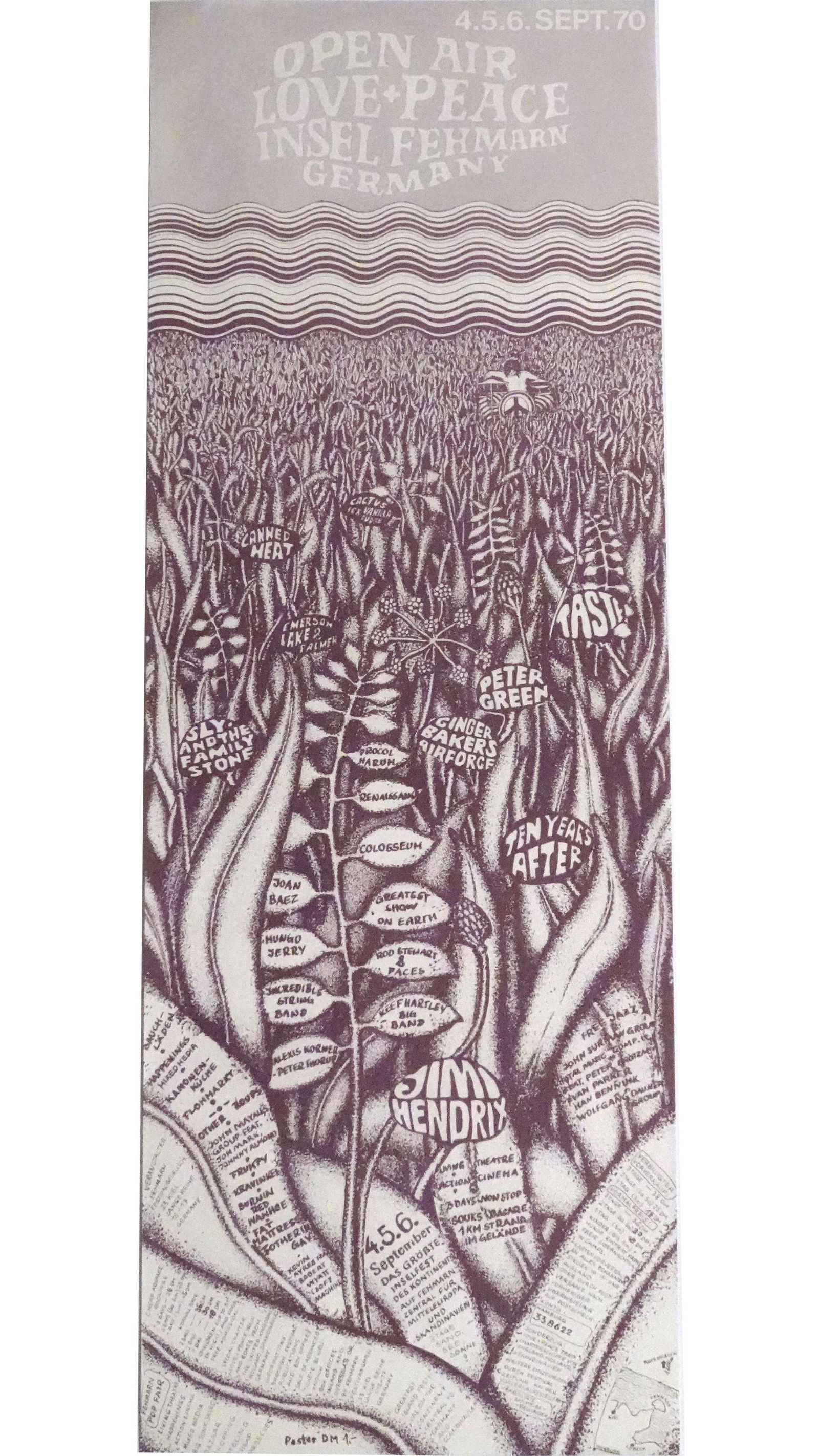 Open Air Love and Peace Festival concert poster: Open Air Love and Peace Festival concert poster, multiple performers including Jimi Hendrix, Sly and the Family Stone, Ten Years After, Ginger Baker and Peter Green, Insel Fehmarn Germany, September 4