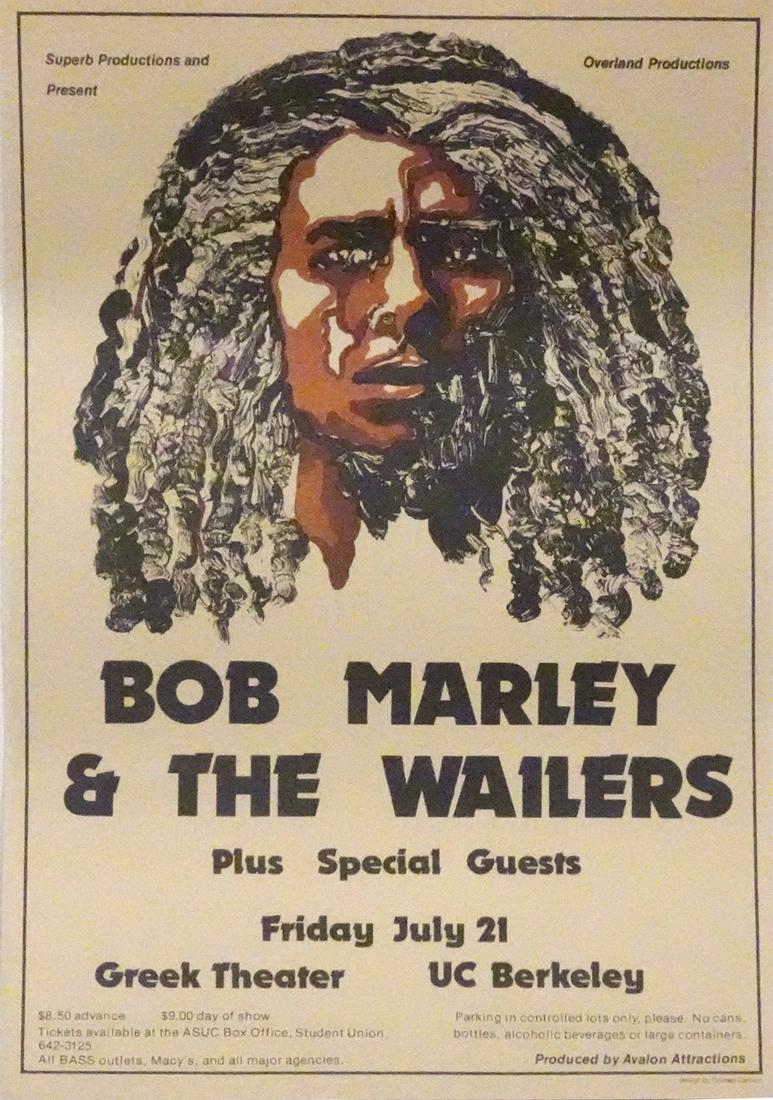 Bob Marley and The Wailers concert poster: Bob Marley and The Wailers concert poster, Bob Marley and The Wailers plus Special Guests, Greek Theater, UC Berkeley, Berkeley, CA., July 21, 1978, original printing, Colleen Cannon artist, 18" (heig