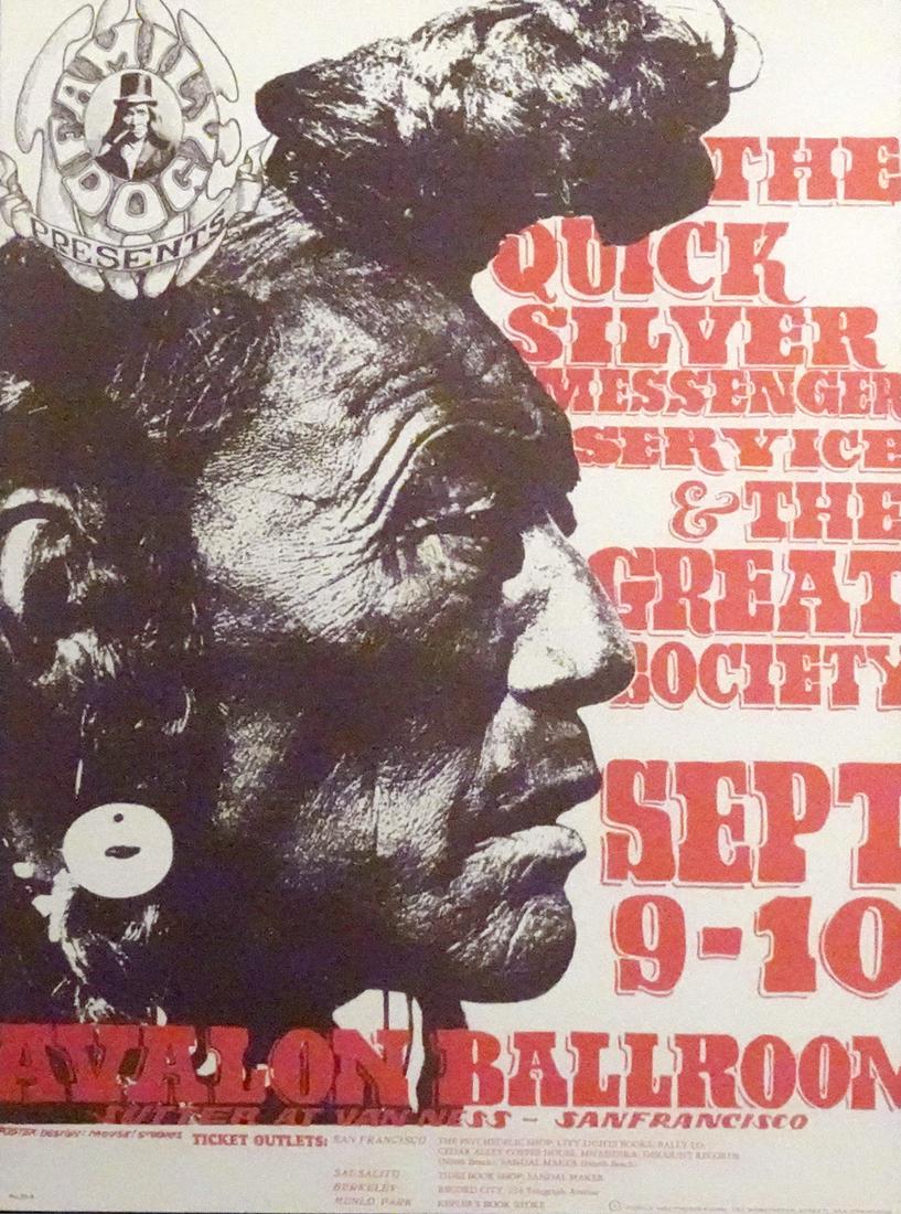 The Quicksilver Messenger Service concert poster: The Quicksilver Messenger Service Family Dog FD-25 "Indian" concert poster, The Quicksilver Messenger Service and The Great Society, Avalon Ballroom, San Francisco, CA., September 9-10, 1966, second p