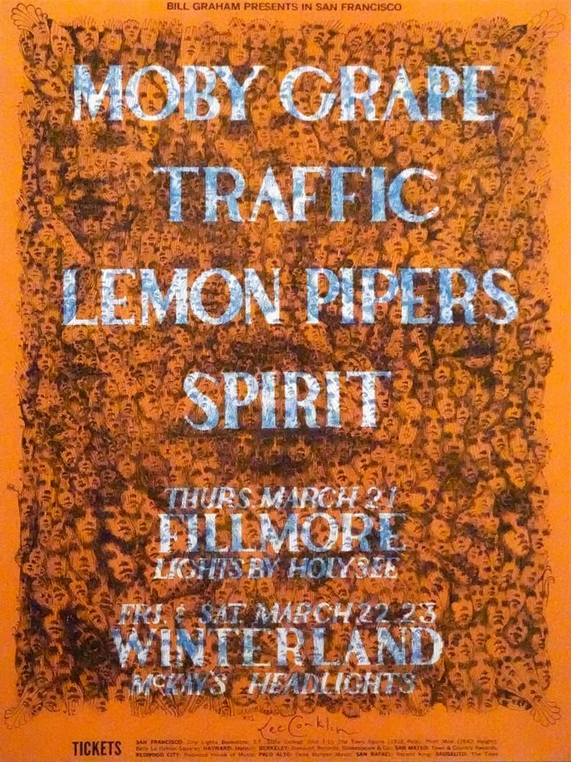 Moby Grape concert poster: Moby Grape Bill Graham BG-112 concert poster, Moby Grape, Traffic, Lemon Pipers and Spirit, Winterland Ballroom, San Francisco, CA, March, 21, 1968, original printing, artist signed by Lee Conklin, 21