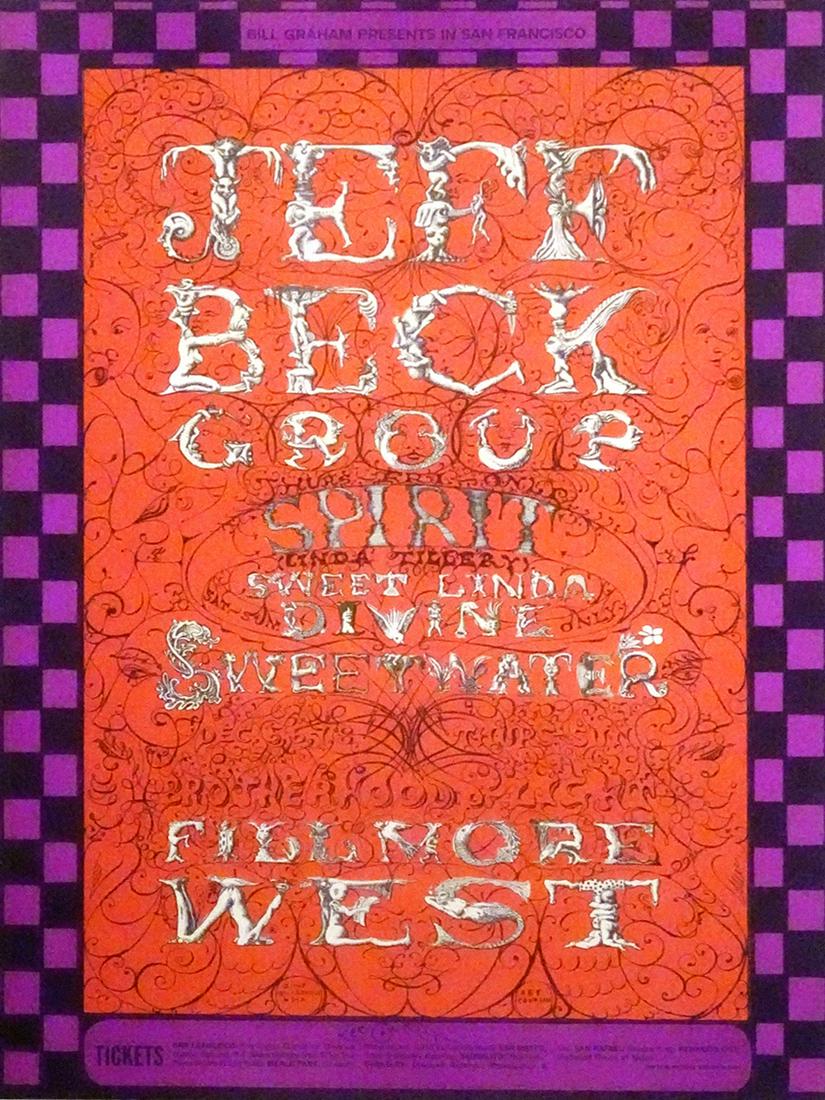The Jeff Beck Group concert poster: The Jeff Beck Group Bill Graham BG-148 concert poster, The Jeff Beck Group, Spirit, Linda Tillery, Sweet Linda Devine and Sweetwater, Fillmore West, San Francisco, CA, December 5-8, 1968, original pri