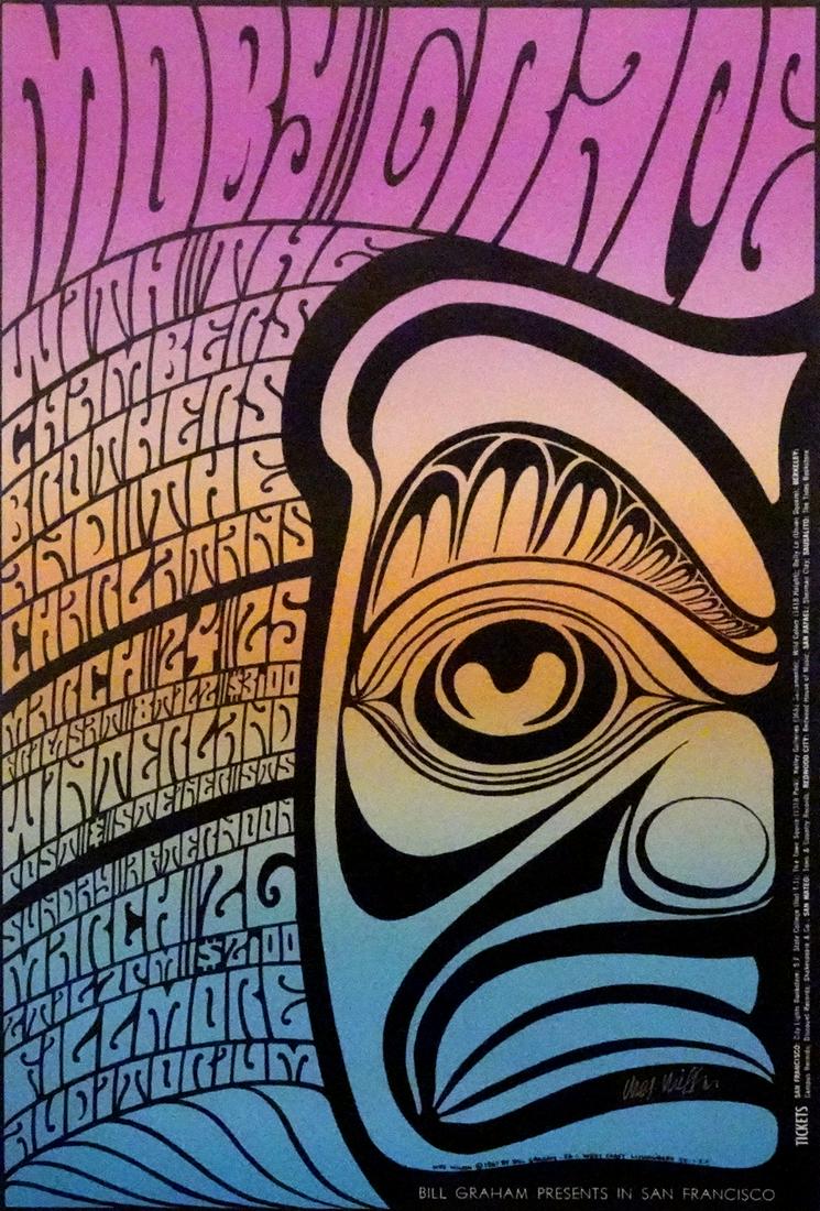 Moby Grape concert poster: Moby Grape Bill Graham BG-56 concert poster, Moby Grape, The Chambers Brothers and The Charlatans, Winterland Ballroom, San Francisco, CA., March, 26, 1967, artist signed by Wes Wilson, 21" (height) x