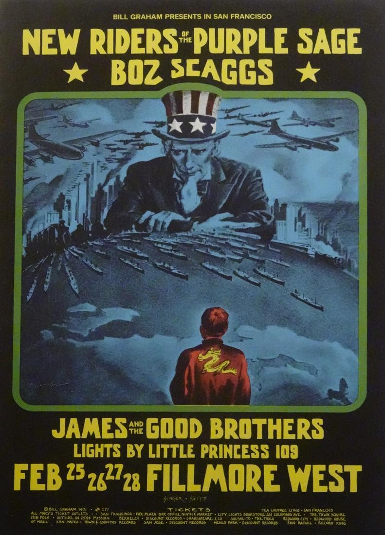 New Riders of The Purple Sage concert poster: New Riders of The Purple Sage Bill Graham BG-271 concert poster, New Riders of The Purple Sage, Boz Scaggs and James and The Good Brothers, Fillmore West, San Francisco, CA., February 25-28, 1971, ori