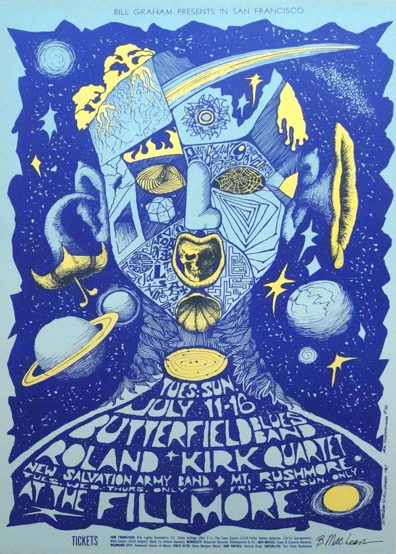 The Butterfield Blues Band concert poster: The Butterfield Blues Band Bill Graham BG-72 concert poster, The Butterfield Blues Band, Roland Kirk Quartet, New Sal Army Band and Mount Rushmore, Fillmore Auditorium, San Francisco, CA., original pr