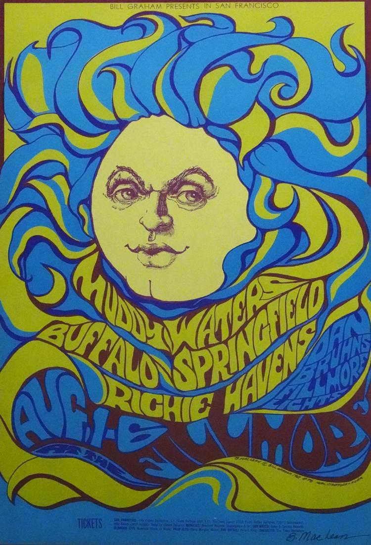 Muddy Waters concert poster: Muddy Waters Bill Graham BG-76 concert poster, Muddy Waters, Buffalo Springfield and Richie Havens, Fillmore Auditorium, San Francisco, CA., August 1-6, 1967, original type 2 printing with thin brown