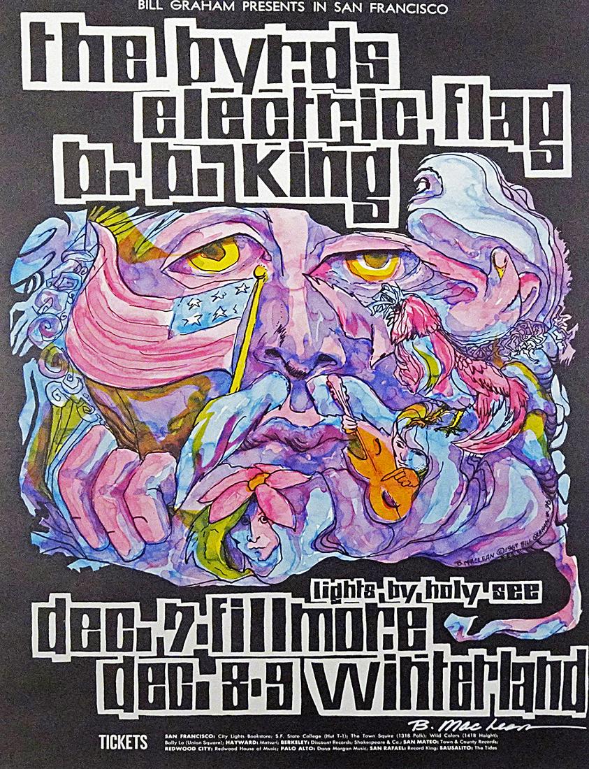 The Byrds concert poster: The Byrds Bill Graham BG-96 concert poster, The Byrds, Electric Flag and B.B. King, Fillmore Auditorium, San Francisco, CA., December 7, 1967 and Winterland Ballroom, San Francisco, CA., December 8-9,