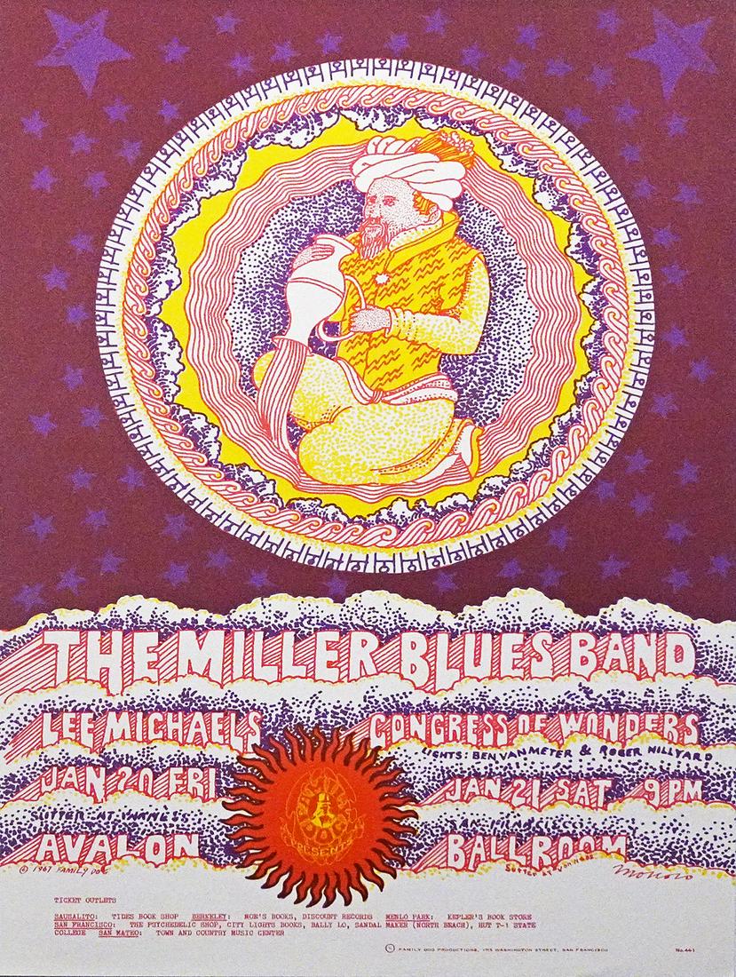 The Miller Blues Band concert poster: The Miller Blues Band Family Dog FD-44 "Pouring Vessel" concert poster, The Miller Blues Band, Lee Michaels and Congress of Wonder, Avalon Ballroom, San Francisco, CA., January 20-21, 1967, original B