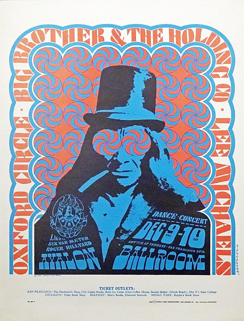 Big Brother and The Holding Co. concert poster: Big Brother and The Holding Co. Family Dog FD-38 "Top Hat" concert poster, Big Brother and The Holding Co., Lee Michaels and The Oxford Circle, Avalon Ballroom, San Francisco, CA., December 9-10, 1966
