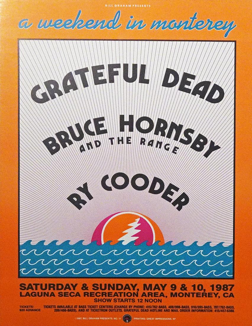 The Grateful Dead concert poster: The Grateful Dead Bill Graham Presents BGP-11 "A Weekend in Monterey" concert poster, The Grateful Dead, Bruce Hornsby and The Range and Ry Cooder, Laguna Seca Recreation Area, Monterey, CA., May 9-10