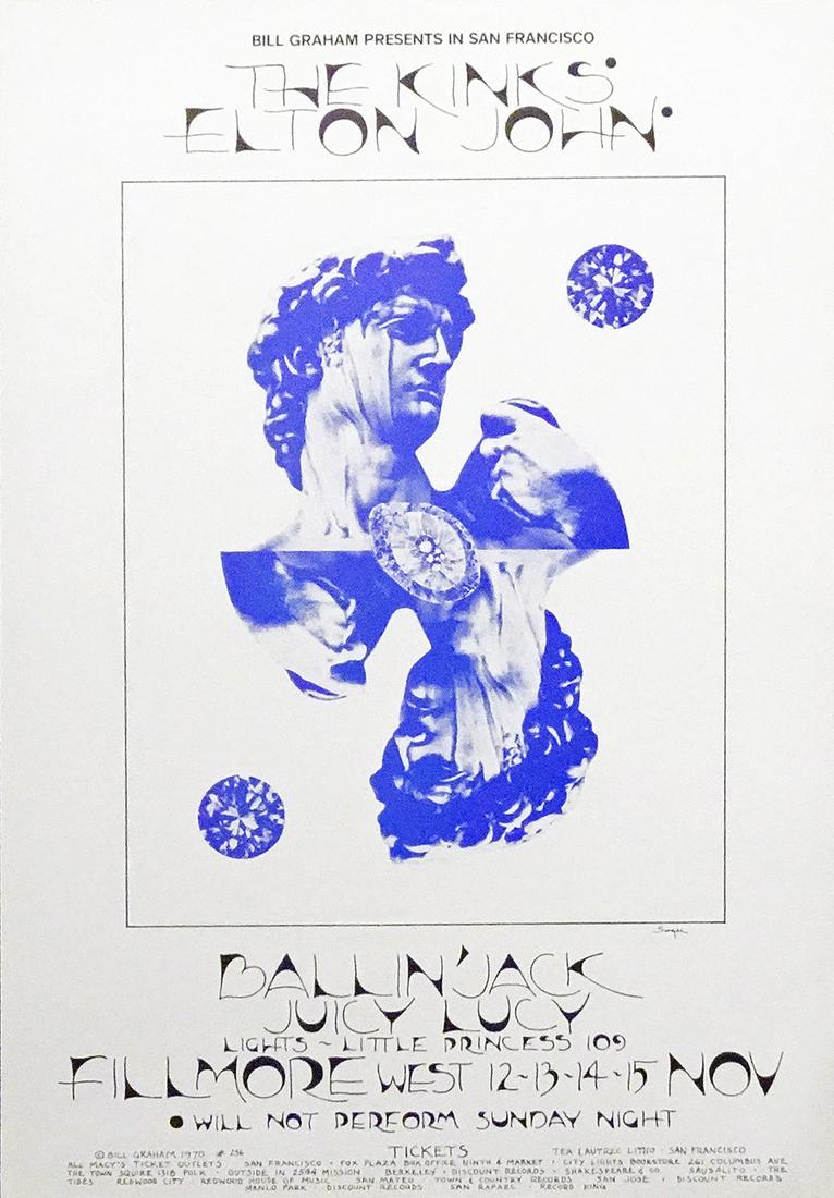 The Kinks concert poster: The Kinks Bill Graham BG-256 concert poster, The Kinks, Elton John, Ballin' Jack and Juicy Lucy, Fillmore West, San Francisco, CA., November 12-15, 1970, original printing, David Singer artist, 21" (h