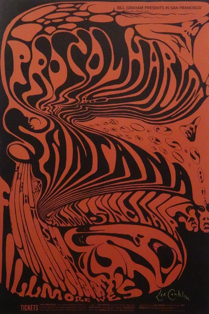 Procol Harum concert poster: Procol Harum Bill Graham BG-143 concert poster, Procol Harum, Santana and Saloom Sinclair, Fillmore West, San Francisco, CA., October 31-November 2, 1968, original printing, artist signed by Lee Conkl