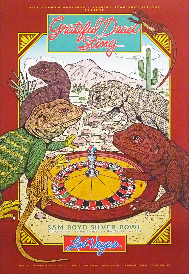 The Grateful Dead concert poster: The Grateful Dead Bill Graham Presents BGP-76 concert poster, The Grateful Dead and Sting, Sam Boyd Silver Bowl, Las Vegas, NV, May 14-16, 1993, original printing, Harry Rossit artist, 19" (height) x 