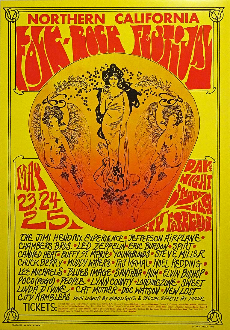 Northern California Folk Rock concert poster: Northern California Folk Rock Festival SCF690523 concert poster, multiple acts including The Jimi Hendrix Experience, The Jefferson Airplane, Led Zeppelin, Chuck Berry and Santana, Santa Clara Fairgro