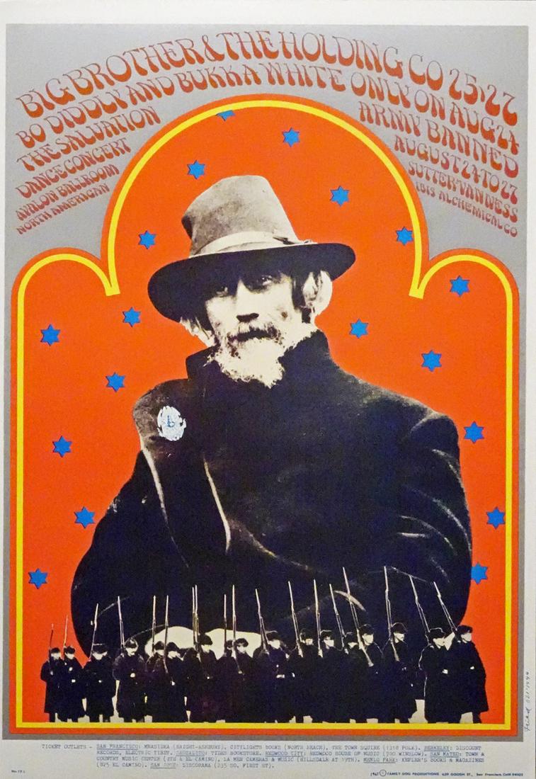 Big Brother and The Holding Co. concert poster: Big Brother and The Holding Co. Family Dog FD-77 "War and Peace" concert poster, Big Brother and The Holding Co., Bo Diddley, Bukka White and the Salvation Army Band, Avalon Ballroom, San Francisco, C