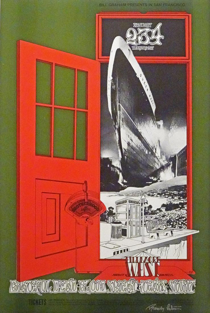 The Grateful Dead concert poster: The Grateful Dead Bill Graham BG-154 concert poster, The Grateful Dead, Blood, Sweat and Tears and Spirit, Fillmore West, San Francisco, CA., January 2-4, 1969, original printing, artist signed by Ran