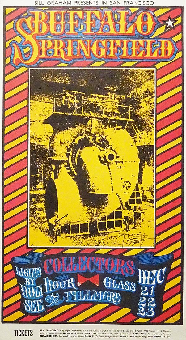Buffalo Springfield concert poster: Buffalo Springfield Bill Graham BG-98 concert poster, Buffalo Springfield, Collectors and Hour Glass, Fillmore Auditorium, San Francisco, CA., December 21-23, 1967, original Type A 1st printing with t