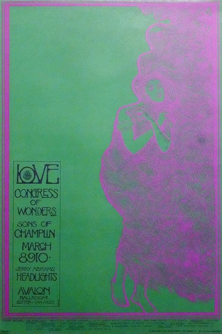 Love concert poster: Love Family Dog FD-109 "Love Lady" concert poster, Love, Congress of Wonders and Sons of Champlin, Avalon Ballroom, San Francisco, CA., March 8-10, 1968, original type A printing with dark pine green