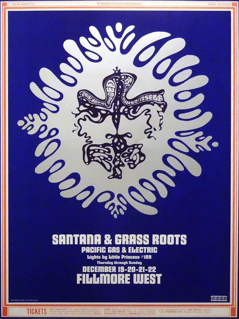 Santana concert poster: Santana Bill Graham BG-150 concert poster, Santana, The Grass Roots and Pacific Gas and Electric, Fillmore West, San Francisco, CA., December 19, 1968, original printing, Wes Wilson artist, 21 3/16" (