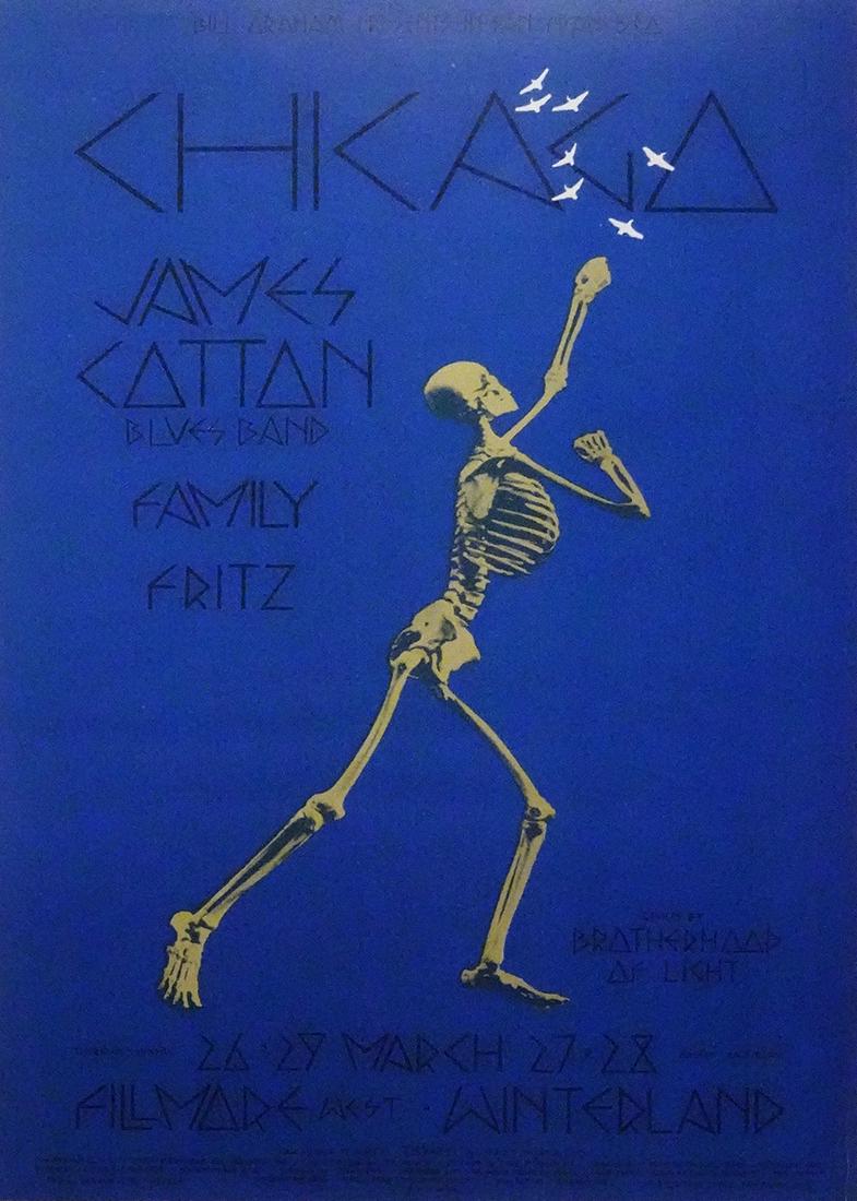 Chicago concert poster: Chicago Bill Graham BG-225 concert poster, Chicago, James Cotton Blues Band, Family and Fritz, Fillmore West, San Francisco, CA., March 26 and 29, 1970 and Winterland Ballroom, San Francisco, CA., Mar