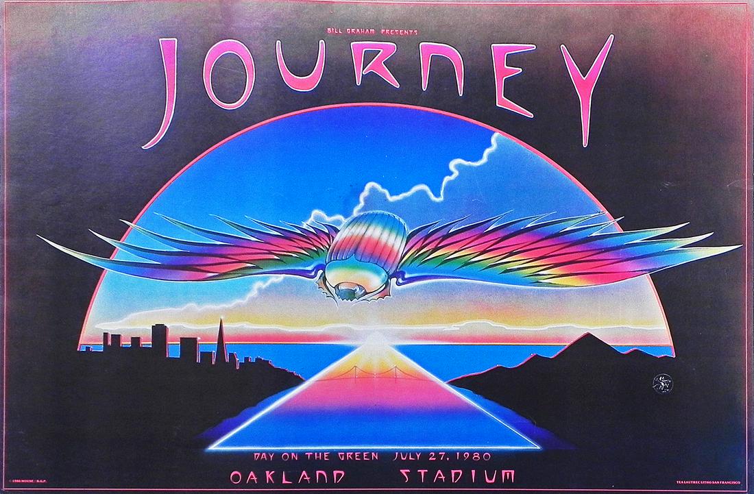 Journey concert poster: Journey Bill Graham Presents OCS800727 Day on The Green series concert poster, Oakland Coliseum Stadium, Oakland, CA., July 27, 1980, original printing, Stanley Mouse artist, 20" (height) x 29 3/4" (l