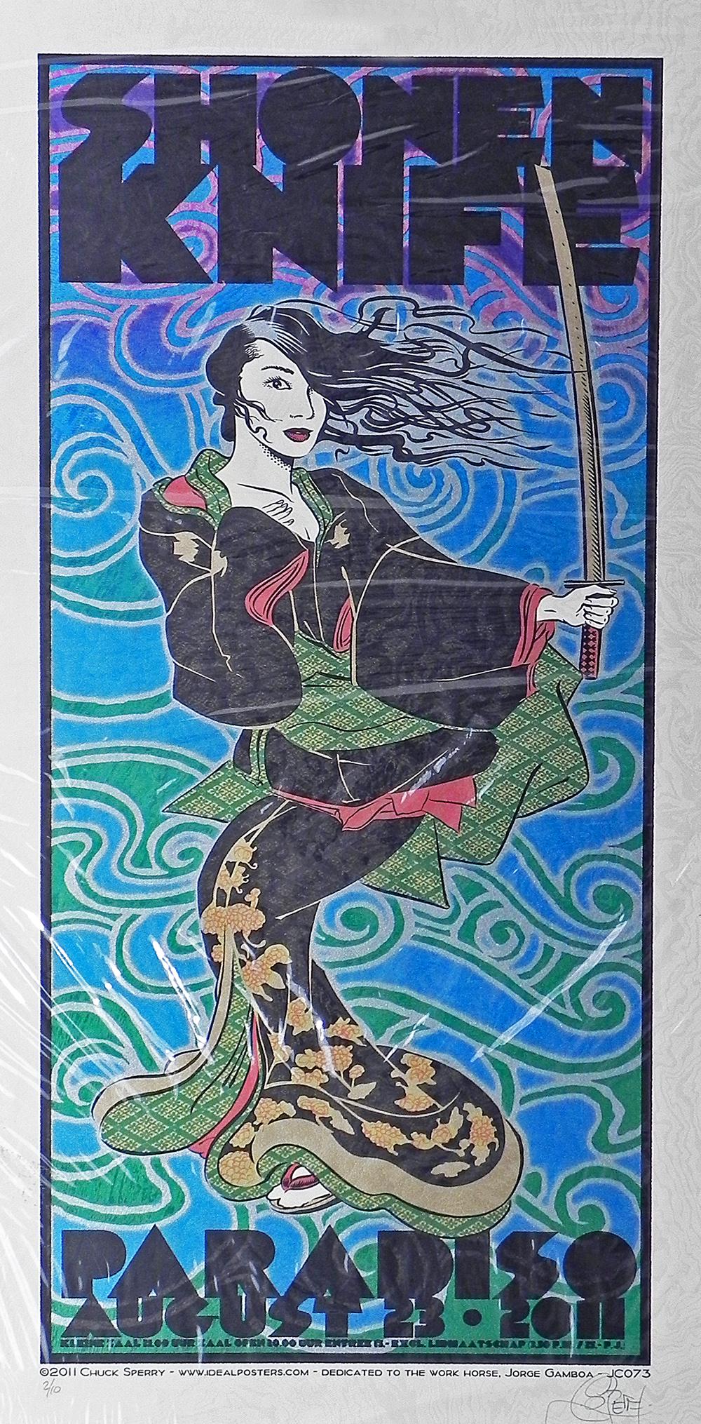 Shonen Knife concert poster: Shonen Knife Ideal Poster Series #73 concert poster, Paradiso Music Venue, Amsterdam, August 23, 2011, original printing, artist signed and numbered 2/10 by Chuck Sperry, 33" (height) x 16" (length) 6