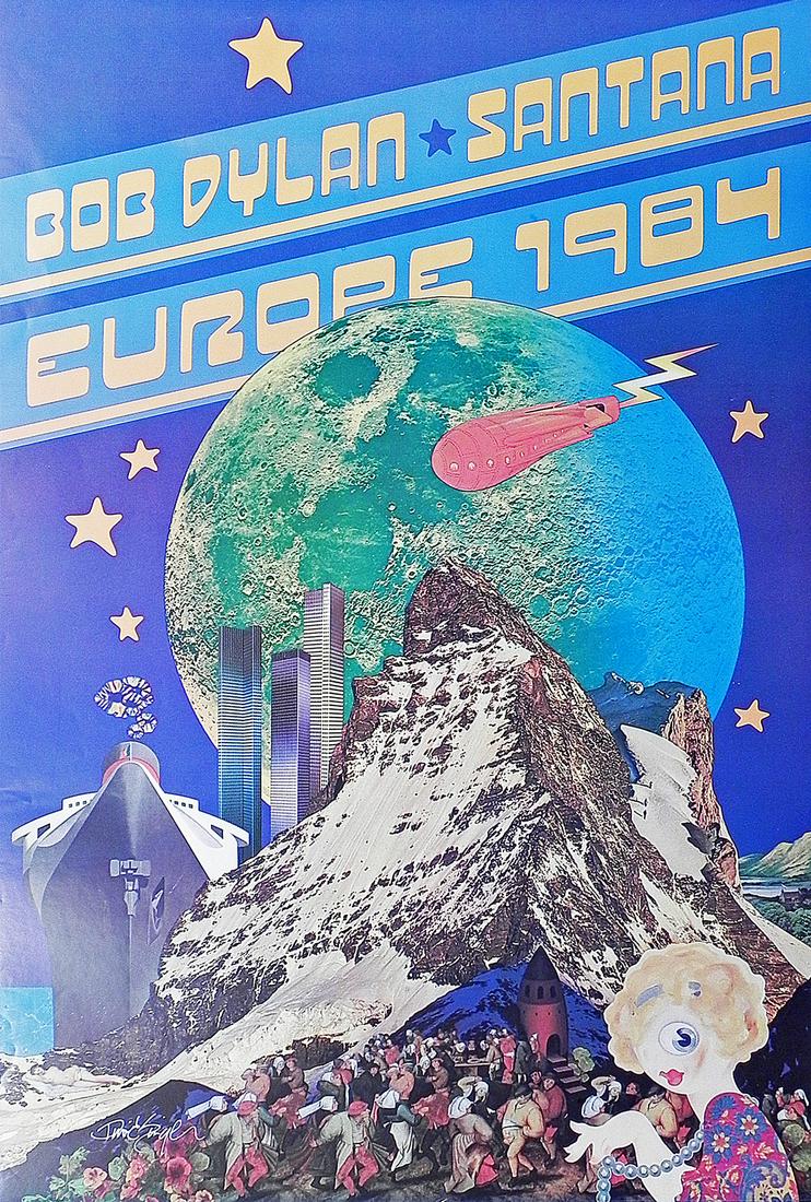 Bob Dylan/Santana concert poster: Bob Dylan/Santana 1984 European Tour concert poster, multiple venues and dates, original printing, artist signed by David Singer, 36" (height) x 24" (length) lithograph