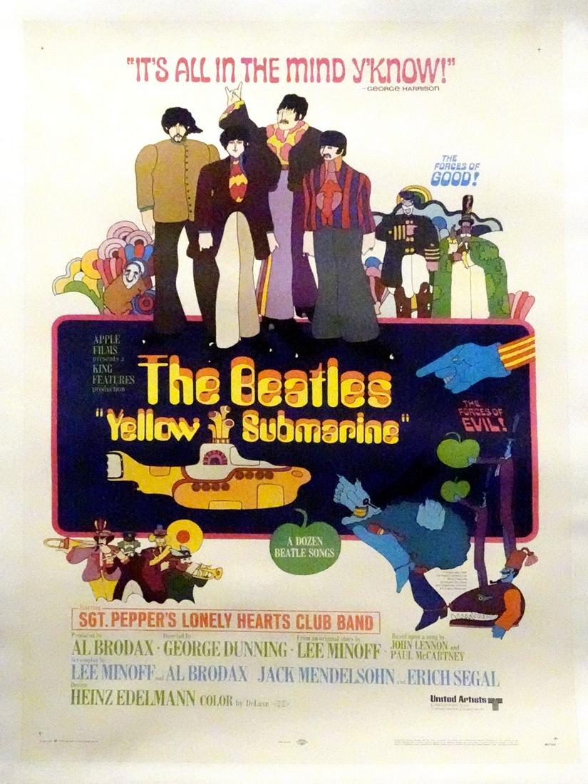 The Beatles Yellow Submarine U.S. movie poster: 1968 The Beatles Yellow Submarine original vintage theatrical linen backed one-sheet U.S. movie poster, the 1968 George Dunning English/U.S. rock and roll music psychedelic animated surrealism fantasy
