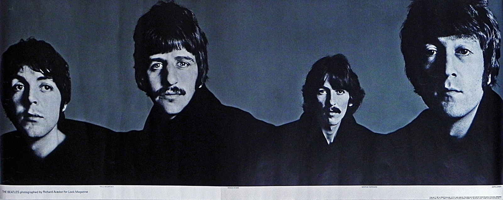 The Beatles Richard Avedon poster: 1967 The Beatles Richard Avedon banner poster, original printing, the banner image nicknamed the 'Mount Rushmore' image of the Beatles was actually a collage of four separate photographs, these black