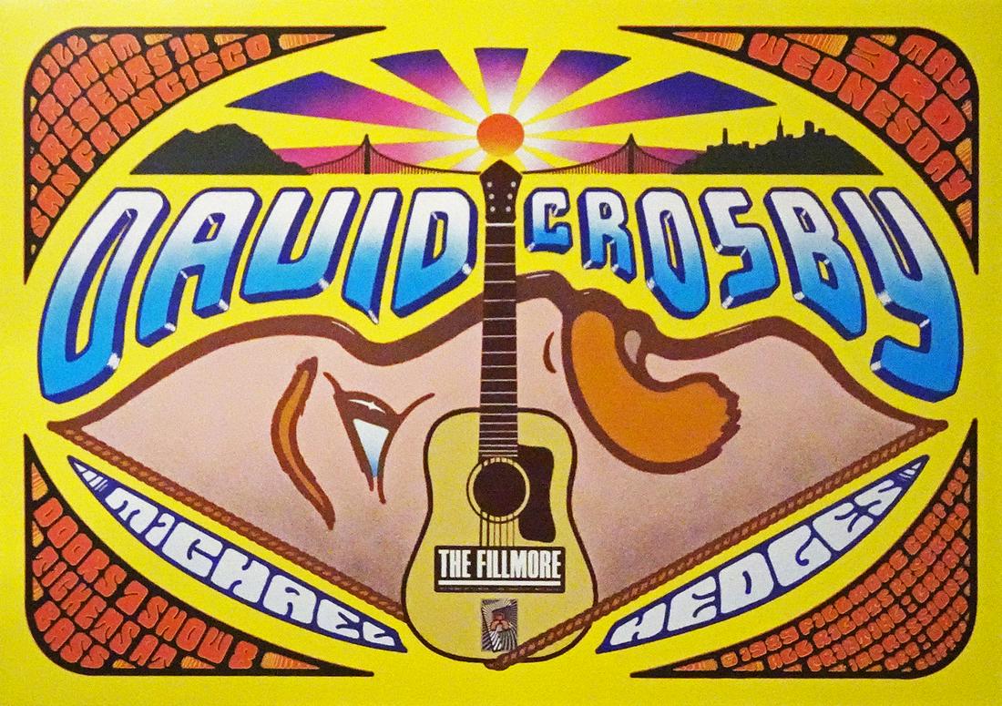 David Crosby concert poster: David Crosby The Fillmore Corp. F-92 concert poster, David Crosby and Michael Hedges, Fillmore Auditorium, San Francisco, CA., May 3, 1989, original printing, Whit Clifton artist, 13" (height) x 19" (