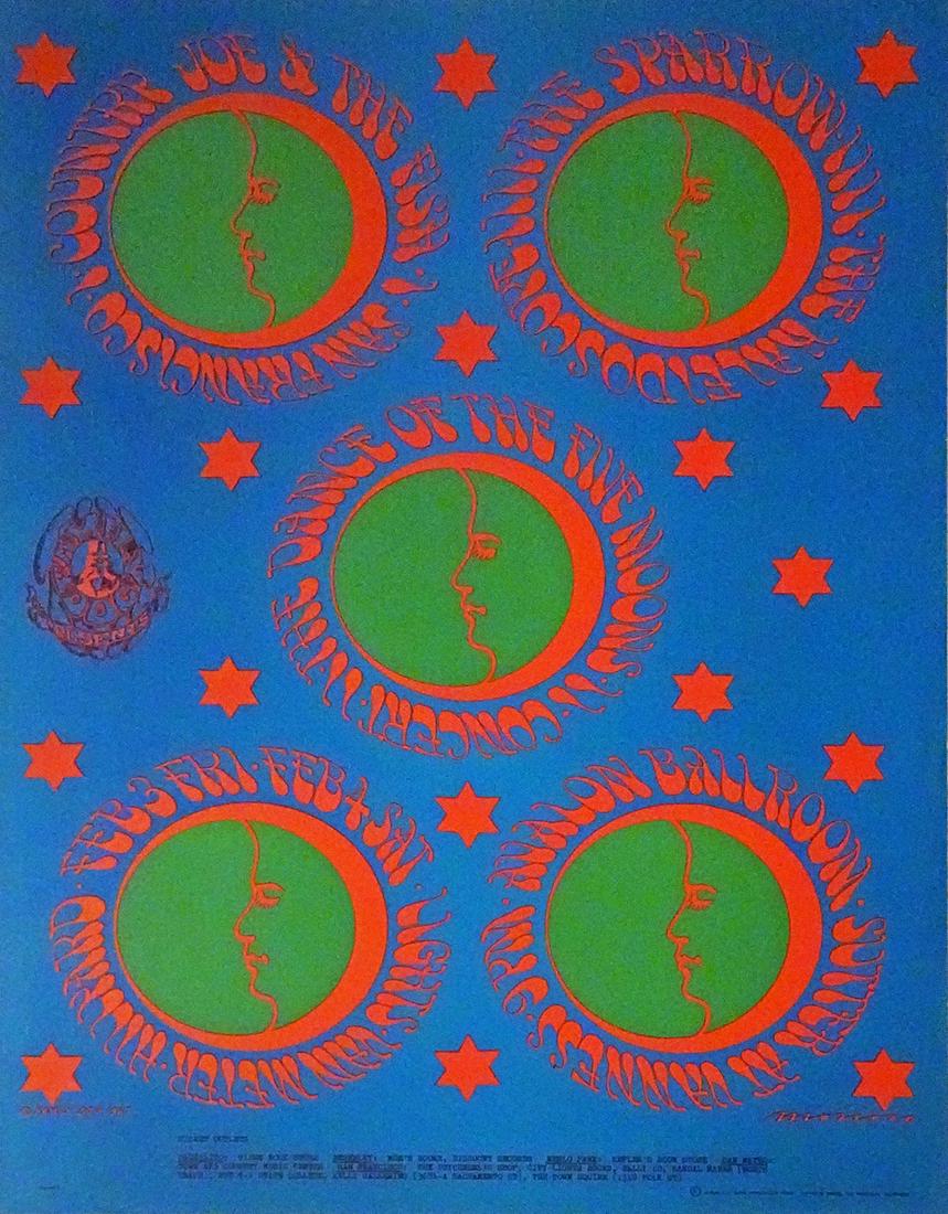Country Joe and The Fish concert poster: Country Joe and The Fish Family Dog FD-46 "Five Moons Dance" concert poster, Country Joe and The Fish, The Sparrow and The Kaleidoscope, Avalon Ballroom, San Francisco, CA., February 3-4, 1967, origin