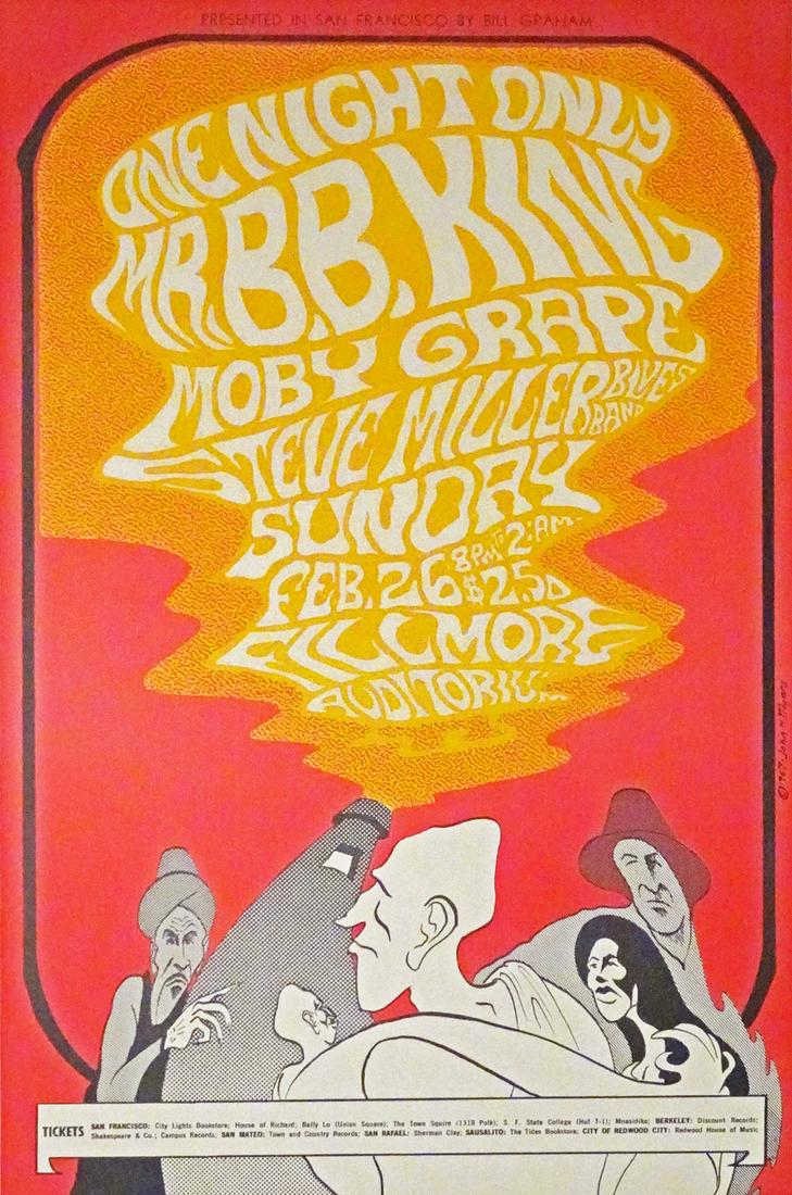 Mr. B.B. King concert poster: Mr. B.B. King Bill Graham BG-52 concert poster, Mr. B.B. King, Moby Grape and The Steve Miller Blues Band, Fillmore Auditorium, San Francisco, CA., February 26, 1967, second printing on white index st