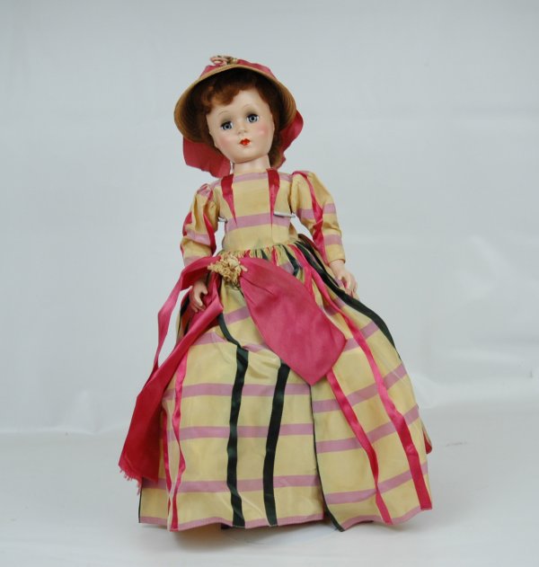 18" hard plastic doll, C. 1950's, Nancy Ann Style,: 18" hard plastic doll, C. 1950's, Nancy Ann Style, all original untagged outfit including plaid dress, straw hat, half slip with hoop skirt, panties, shoes and stockings, no visible defects