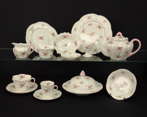 Shelley fine bone china breakfast set, "Rose Spray": Shelley fine bone china breakfast set, "Rose Spray" pattern, fifteen pieces including individual teapot, covered butter, scalloped dish 6 1/2" x 4 3/4", 8 1/4" plate, 6 1/2" plate, tea cup and saucer,