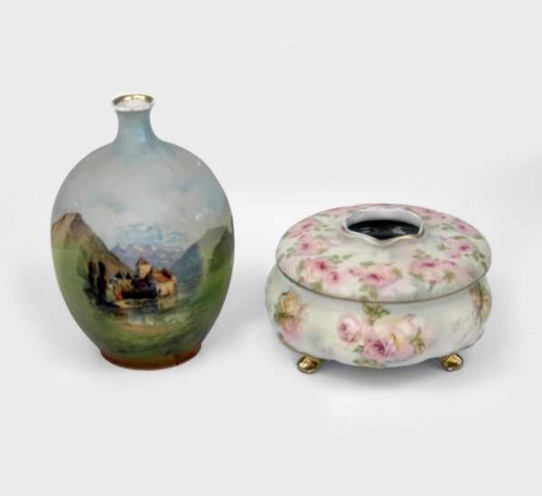 Royal Bayreuth tapestry rose bud vase (6" x 3 1/2": Royal Bayreuth tapestry rose bud vase (6" x 3 1/2" diameter) and tapestry landscape with castle footed hair receiver (3" x 5" diameter), early 20th C. No visible defects.