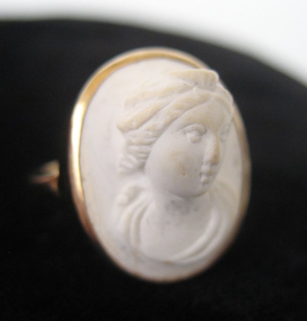 Victorian 14k gold and white lava cameo ring, fron: Victorian 14k gold and white lava cameo ring, front measures 3/4" long x 1/2" wide, size 6 1/2, unmarked tests 14k, minor wear