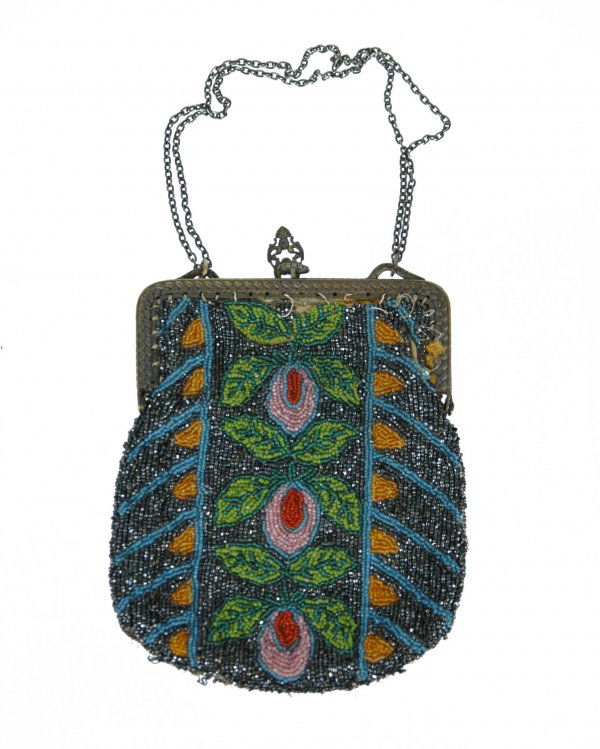 French beaded evening bag, glass beads, early 20th: French beaded evening bag, glass beads, early 20th C, silver plated frame, silk lining (as is), purse measures 6" long x 5 1/4" wide, 12 1/2" long gun metal chain handle, marked Made in France, some b