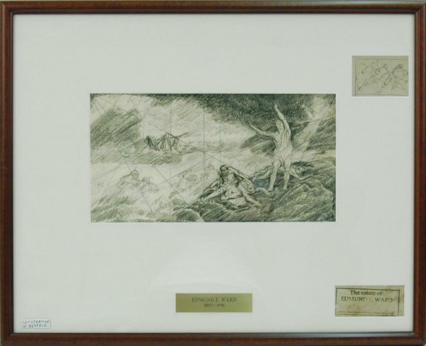 Edward F. Ward graphite drawing on front, ink and : Edward F. Ward graphite drawing on front, ink and wash on reverse, figures in landscape, figures entering a building, perhaps a church, unsigned, info on reverse - stamp marking the estate of Edward F