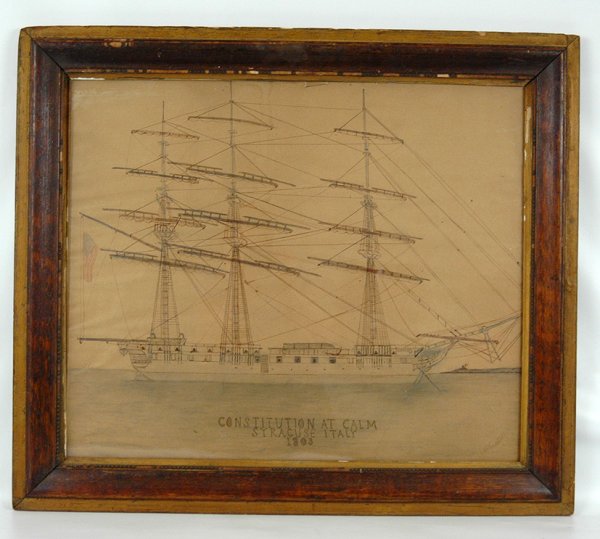 Nathan Webb graphite drawing of clipper ship, "Con: Nathan Webb graphite drawing of clipper ship, "Constitution at Calm, Syracuse Italy 1803", signed lower right, framed, 19th C., image measures 19 1/2" x 23 1/4", frame size 25" x 29", tear at top cent