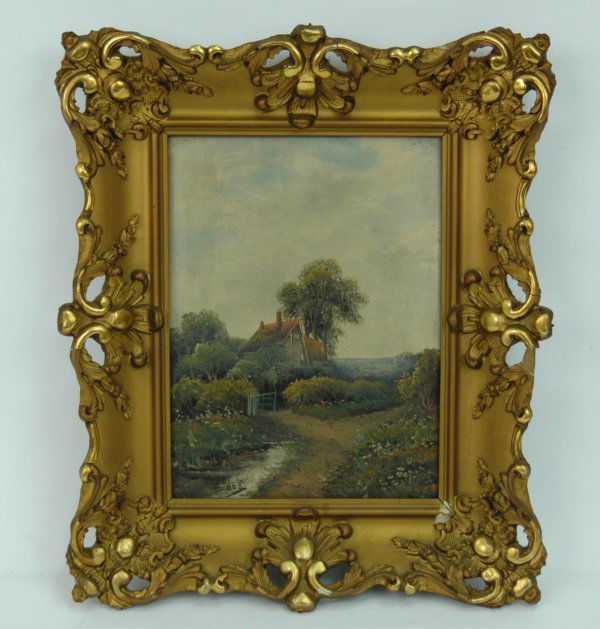 E. (Edwin) Cole oil on canvas, landscape, garden w: E. (Edwin) Cole oil on canvas, landscape, garden with cottage, signed lower left, ornate gilt frame with slight damage, late 19th to early 20th C., partial date after signature, image measures 12" x 9