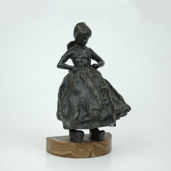 Holland School bronze sculpture, Dutch girl with w: Holland School bronze sculpture, Dutch girl with wooden shoes on marble base, signed lower left, back of skirt, 19th C. European, 11" high including 9 3/4" figure and 1 1/4" base, by 6 1/2" diameter b