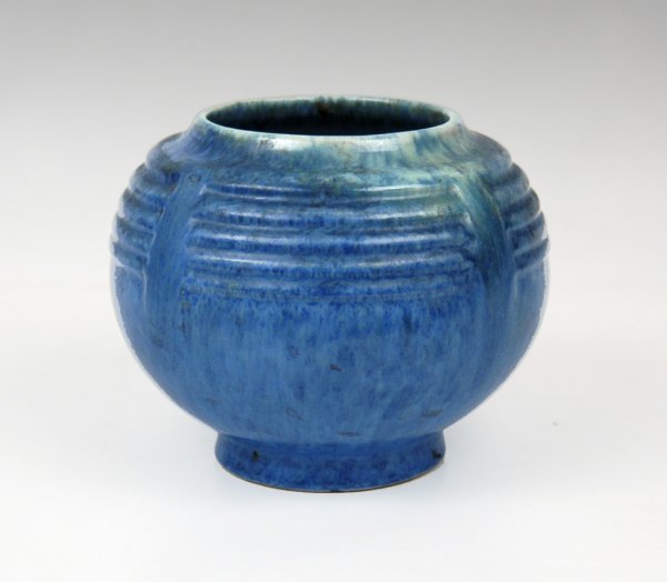 Roseville Tourmaline planter, semi gloss medium blu: Roseville Tourmaline planter, semi gloss medium blue glaze, measures 5" high, C. 1933.