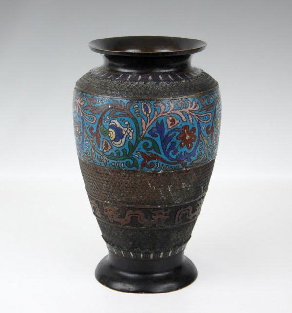 Bronze champleve vase, raised dragon and honeycomb: Bronze champleve vase, raised dragon and honeycomb banding, alternating with champleve banding, unmarked, 12" x 8" x 8", late 19th C.