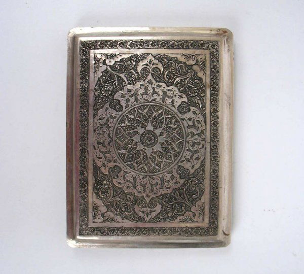 Iranian silver card or cigarette case with all-ove: Iranian silver card or cigarette case with all-over engraving, hallmarked inside case, 3 1/2" x 2 3/4", 3.6 troy ozs.